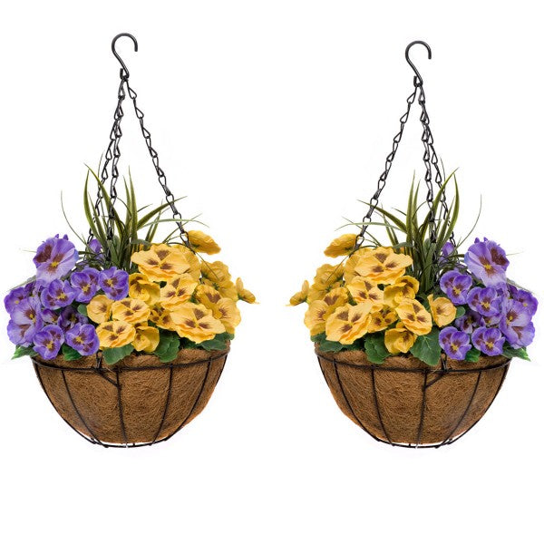 Artificial Purple & Yellow Pansy Round Coir Hanging Basket (Set of 2) - A1156