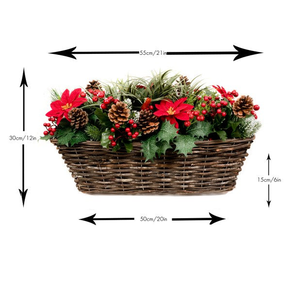 Artificial Christmas Window Box with Poinsettia Pinecones Berries &amp; Conifer &amp; Pine Greenery 