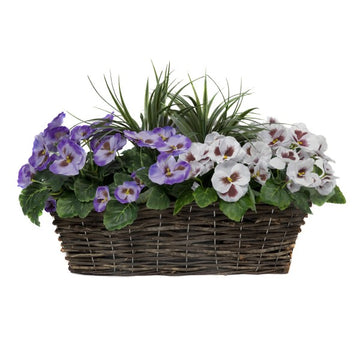 Artificial Rattan Purple &amp; White Pansy Window Box 58cm/23in