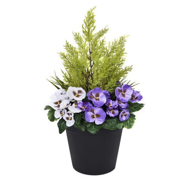 Artificial Purple & White Pansy Black Patio Planter 60cm/24in - A1078