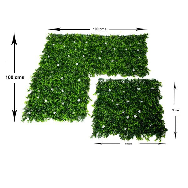 Artificial Green Wall Hedge with Green Leaf Foliage and White Flowers Pack of 4 x 50cm/20in - A1267