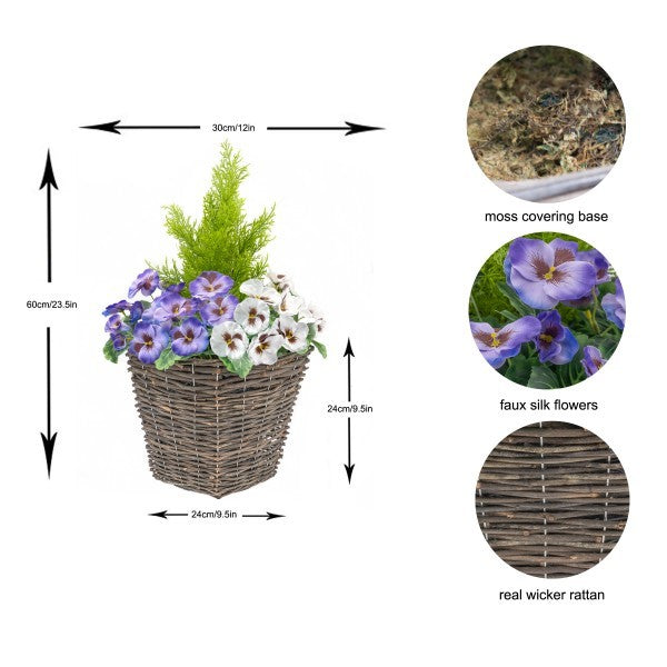 Artificial Purple & White Pansy Rattan Patio Planter 60cm/24in (Set of 2) - A1016
