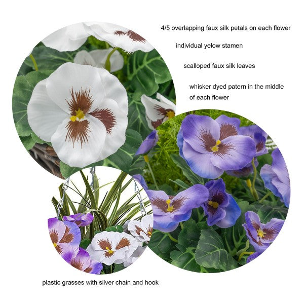 Artificial Purple & White Pansy Round Rattan Hanging Baskets (Set of 2) A1013