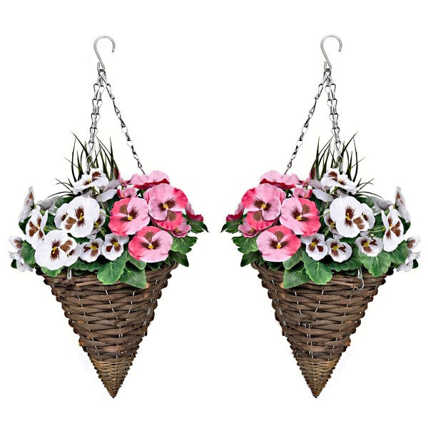  Artificial Pink & White Pansy Cone Shaped Rattan Hanging Basket (Set of 2) - A1012