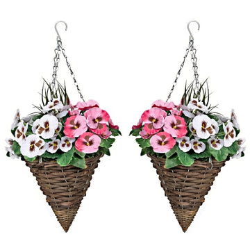  Artificial Pink & White Pansy Cone Shaped Rattan Hanging Basket (Set of 2) - A1012