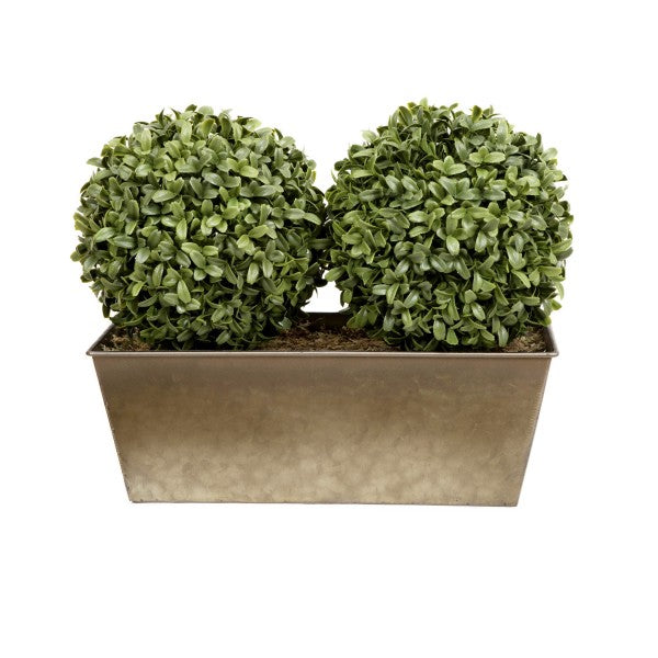 *Clearance* Artificial Topiary Double Ball Aglaia Boxwood in Rustic Slanted Tin Window Box 35cm/14in - A1029C