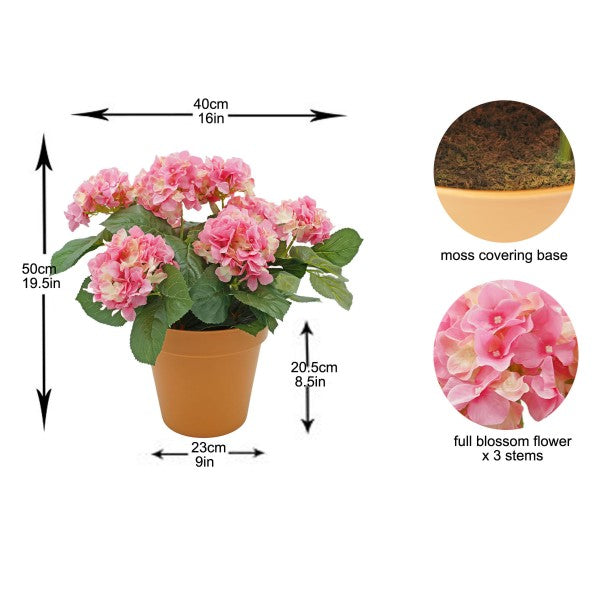 Artificial Pink Hydrangea in Terracotta Pot 50cm/20in - A1308