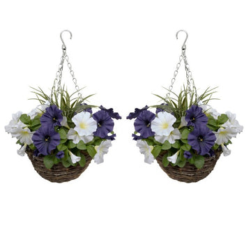 Artificial Dark Purple &amp; White Round Rattan Petunia Hanging Baskets (Set of 2) - A1183