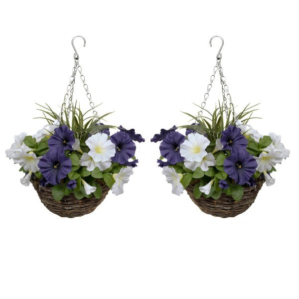 Artificial Dark Purple &amp; White Round Rattan Petunia Hanging Baskets (Set of 2) - A1183
