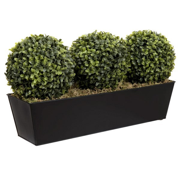 Artificial Topiary Triple Ball Aglaia Boxwood in Black Slanted Tin Window Box 54cm/21in