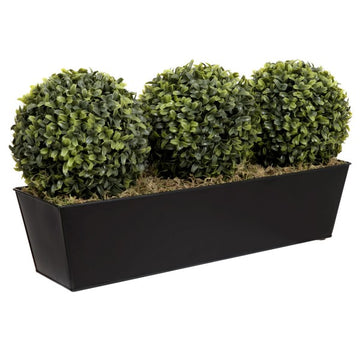 Artificial Topiary Triple Ball Aglaia Boxwood in Black Slanted Tin Window Box 54cm/21in