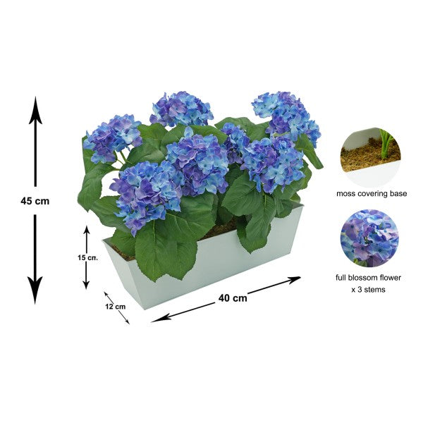 Artificial Blue Hydrangea in White Metal Window Box -A1386