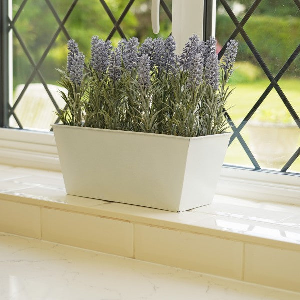 *Clearance* Artificial Lavender Tin White Planter Window Box 30cm/12in - A1027C