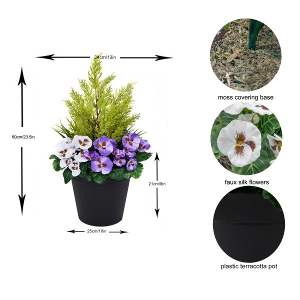 Artificial Purple & White Pansy Black Patio Planter 60cm/24in - A1078