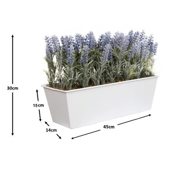 Artificial Lavender Tin White Planter Window Box 45cm/18in - A1019