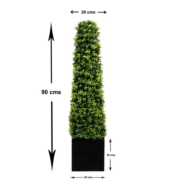 Artificial Premium Quality Boxwood Topiary Pyramid Trees in Black Square Planter 90cm/3ft (Set of 2) - A1030