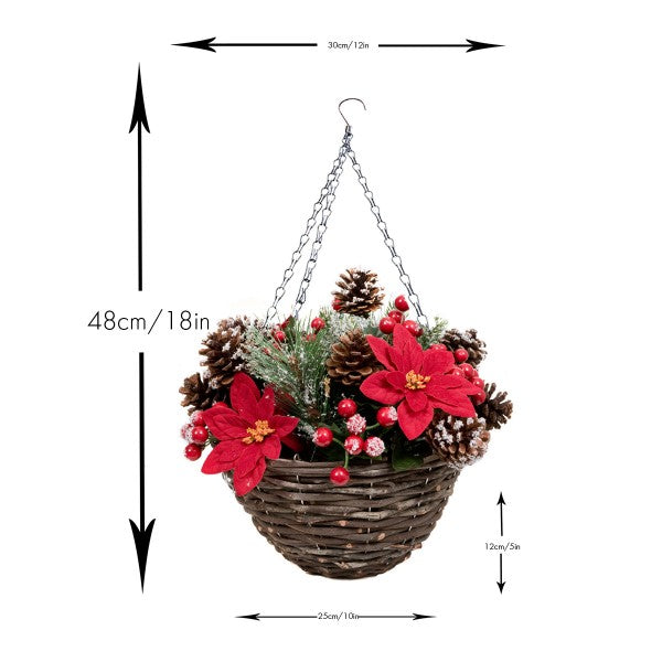 Artificial Christmas Rattan Hanging Basket with Snow Poinsettia, Pinecones &amp; Berries &amp; Holly &amp; Conifer Greenery