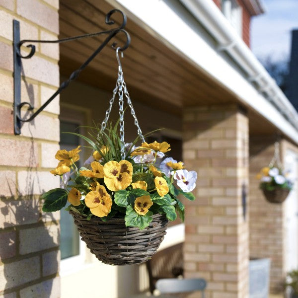 Artificial Yellow &amp; White Pansy Round Rattan Hanging Basket (Set of 2)