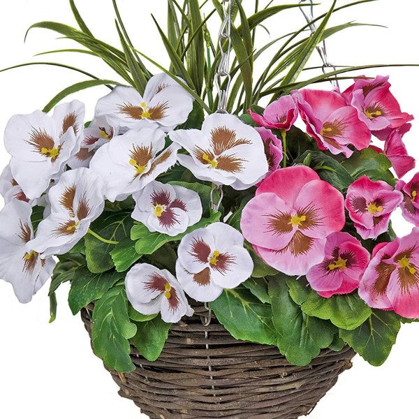 Artificial Pink & White Pansy Round Rattan Hanging Basket (Set of 2) - A1007
