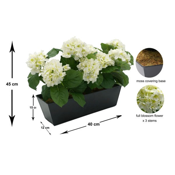 Artificial White Hydrangea in Black Metal Window Box - A1321