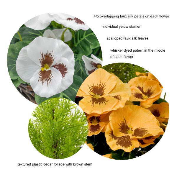 Artificial Yellow &amp; White Pansy Rattan Patio Planters 60cm/24in (Set of 2) - GB1062