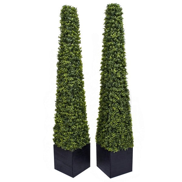 Artificial Premium Quality Boxwood Topiary Metal Framed Pyramid Trees in Black Square Planter 150cm/5ft (Set of 2) - A1239