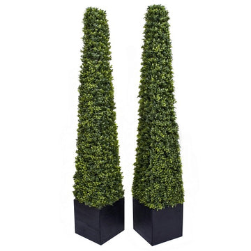 Artificial Premium Quality Boxwood Topiary Metal Framed Pyramid Trees in Black Square Planter 150cm/5ft (Set of 2) - A1239