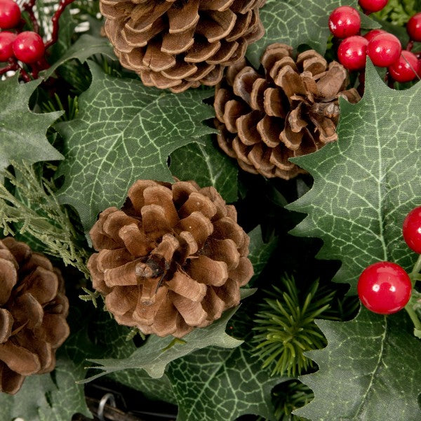 Artificial Christmas Rattan Hanging Basket with Pinecones &amp; Berries and Holly &amp; Conifer Greenery 