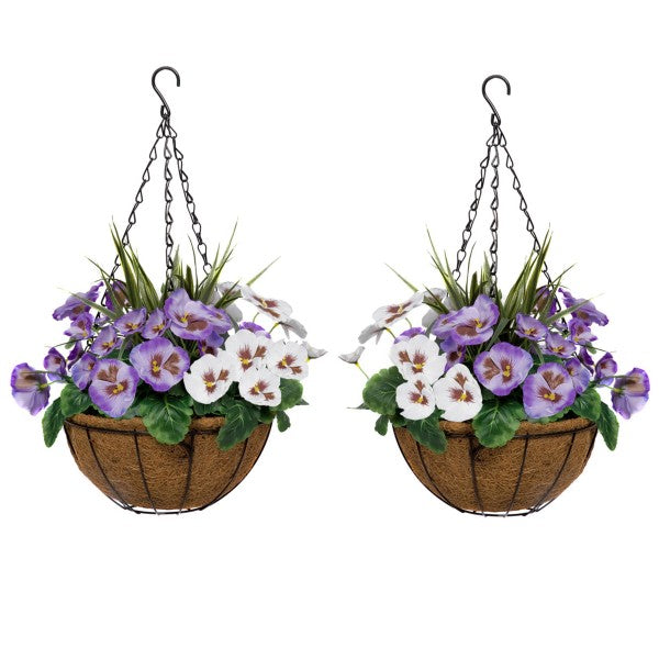 Artificial Purple &amp; White Round Coir Hanging Basket  (Set of 2) 