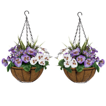 Artificial Purple &amp; White Round Coir Hanging Basket  (Set of 2) 