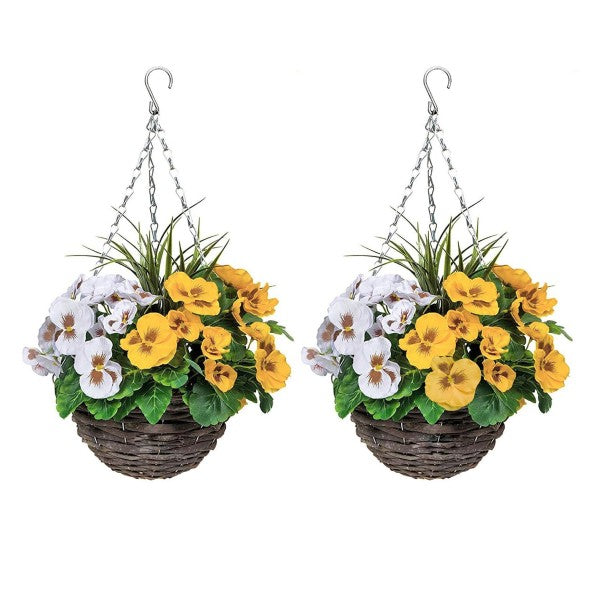 Artificial Yellow &amp; White Pansy Round Rattan Hanging Basket (Set of 2)