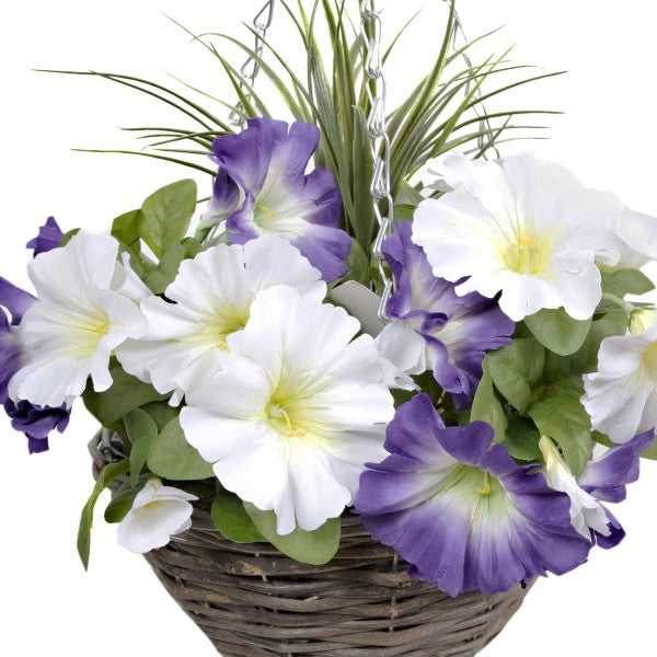 Artificial Purple &amp; White Round Rattan Petunia Hanging Baskets (Set of 2) - A1185