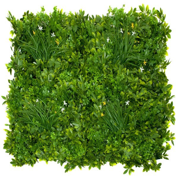 Artificial Premium Green Wall Hedge with Mixed Leaf Foliage Yellow &amp; White Flowers Pack of 4 x 50cm/20in - A1269