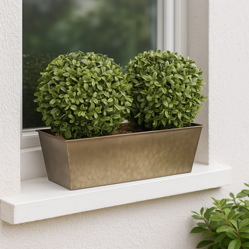Artificial Topiary Double Ball Aglaia Boxwood in Rustic Slanted Tin Window Box 35cm/14in - A1029
