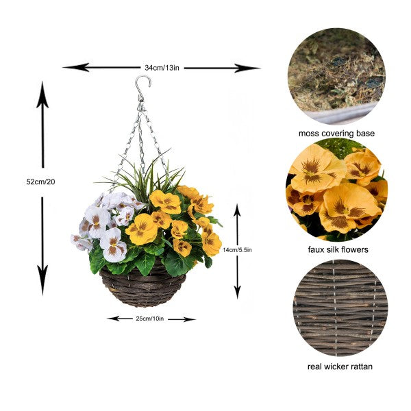 Artificial Yellow &amp; White Pansy Round Rattan Hanging Basket (Set of 2)