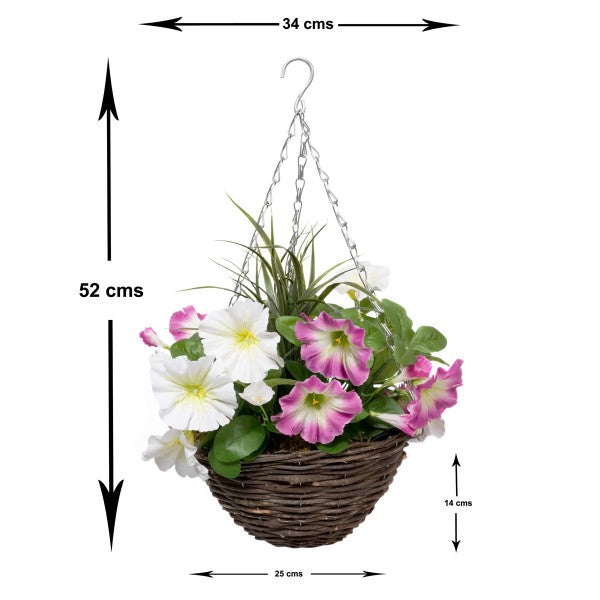 Artificial Pink &amp; White Round Rattan Petunia Hanging Baskets  (Set of 2) - A1184