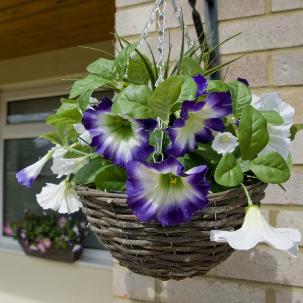 Artificial Purple &amp; White Round Rattan Petunia Hanging Baskets (Set of 2) - A1185