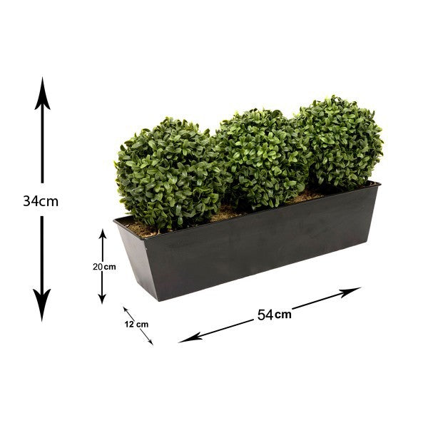 Artificial Topiary Triple Ball Aglaia Boxwood in Black Slanted Tin Window Box 54cm/21in
