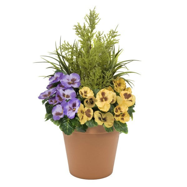 Artificial Purple &amp; Yellow Pansy Terracotta Patio Planter 60cm/24in - A1081