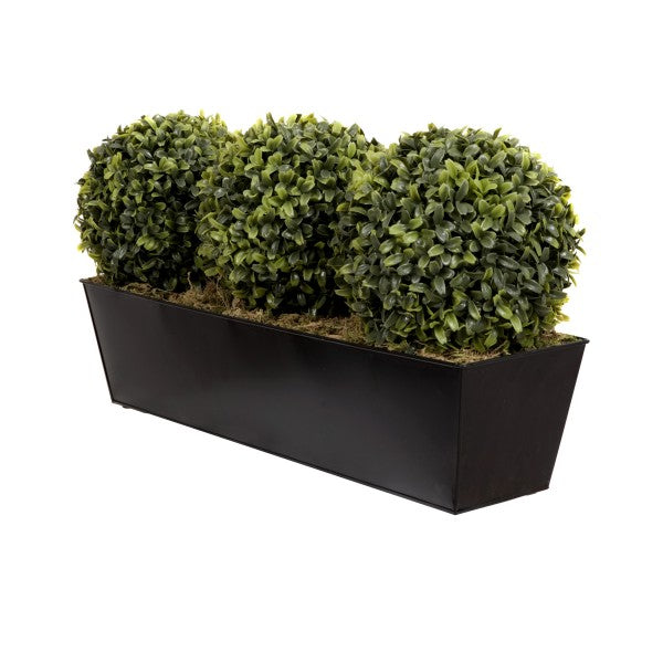 Artificial Topiary Triple Ball Aglaia Boxwood in Black Slanted Tin Window Box 54cm/21in