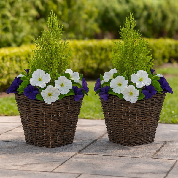 Artificial Dark Purple &amp; White Petunia Rattan Patio Planters 60cm/24in (Set of 2) - A1191