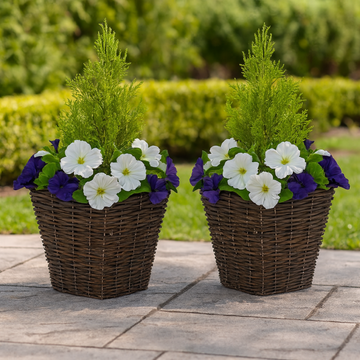 Artificial Dark Purple &amp; White Petunia Rattan Patio Planters 60cm/24in (Set of 2) - A1191