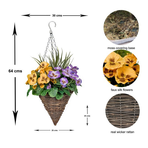 Artificial Purple & Yellow Pansy Cone Shaped Rattan Hanging Basket (Set of 2) - A1009