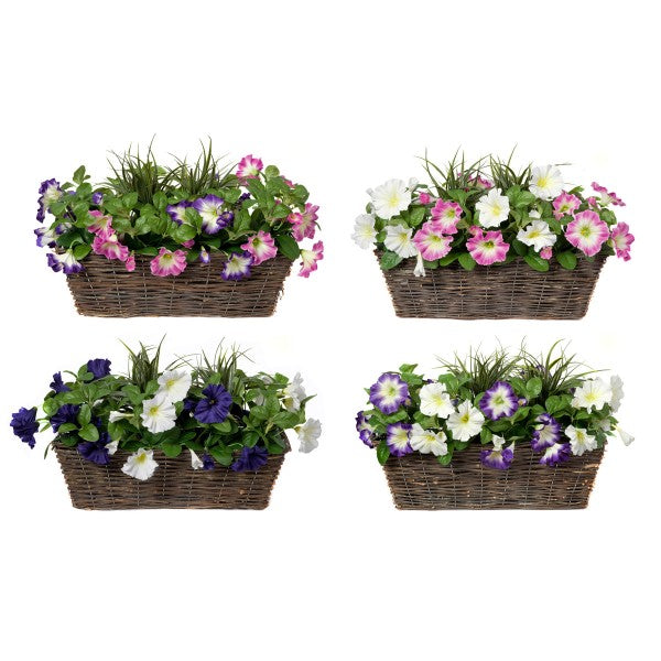Artificial Pink &amp; White Petunia Rattan Window Box 58cm/23in - A1196