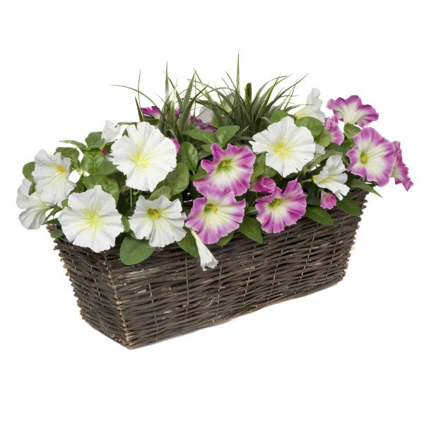 Artificial Pink &amp; White Petunia Rattan Window Box 58cm/23in - A1196