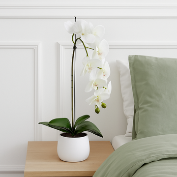 Elegant White Single Stem Real Touch Artificial Orchid (65cm) in Round White Ceramic Pot A1043