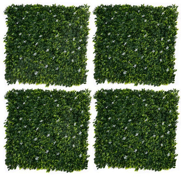 Artificial Green Wall Hedge with Green Leaf Foliage and Small White Flowers Pack of 4 x 50cm/20in - A1268