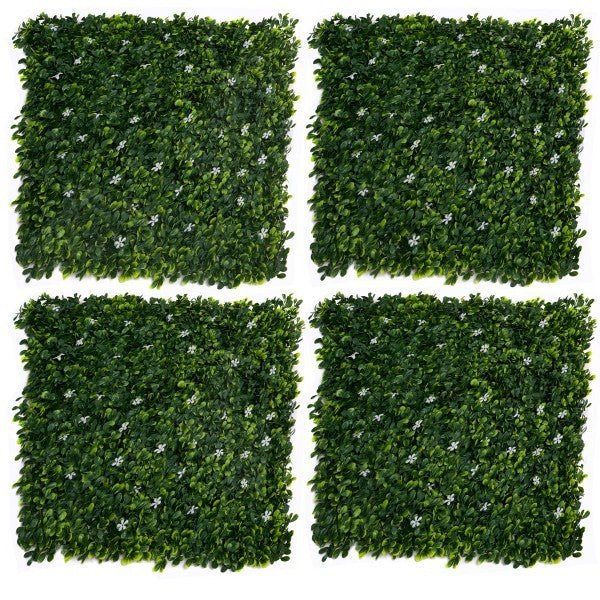 Artificial Green Wall Hedge with Green Leaf Foliage and Small White Flowers Pack of 4 x 50cm/20in - A1268
