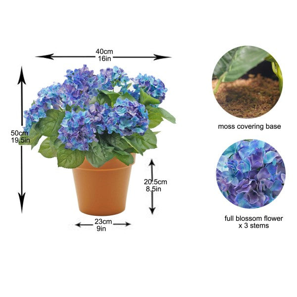 Artificial Blue Hydrangea in Terracotta Pot 50cm/20in - A1307