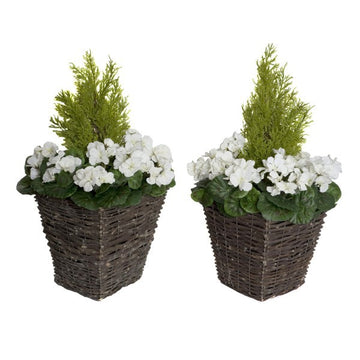 Artificial White Geranium Rattan Patio Planters (Set of 2) 60cm/24in - A1259